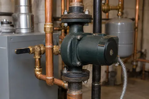 Circulator pump connected to heating pipework