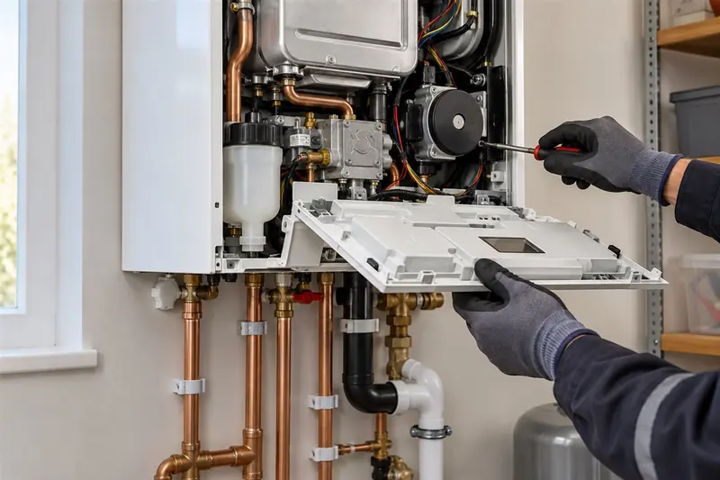 Wall-mounted boiler with connected pipework