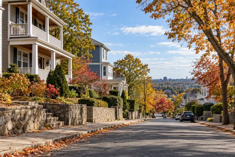 Representative hillside residential street in Medford Hillside Massachusetts