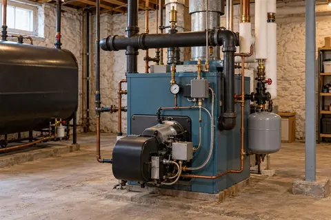 Floor-standing boiler and heating pipes