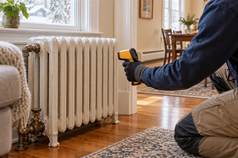 Radiator valve being checked beside a window